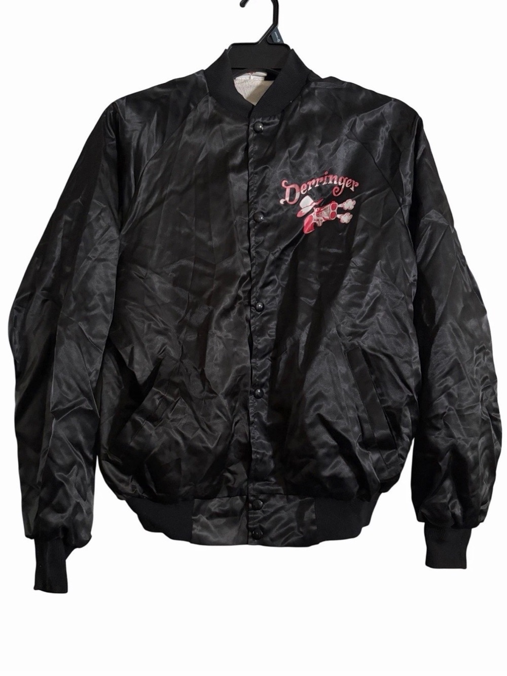 Vintage Westark USA Derringer Black Satin Bomber Jacket Size Large Snap Up Style